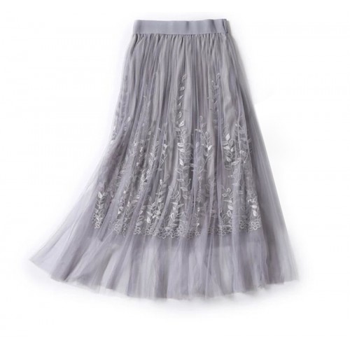 High Quality Elegant Tulle Long Pleated Skirt Women 2018 Summer floral Embroidery A-line tutu Lace mesh Skirt Women midi skirt