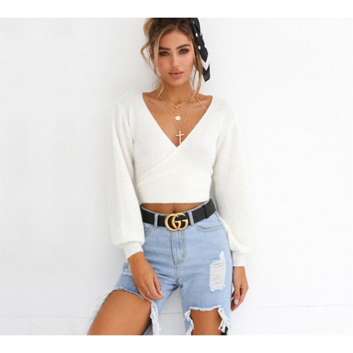 Off Shoulder V Neck White Sweaters Women 2018 Autumn New Back Bow Lantern Sleeve Sexy Slim Crop Tops Solid Streetwear