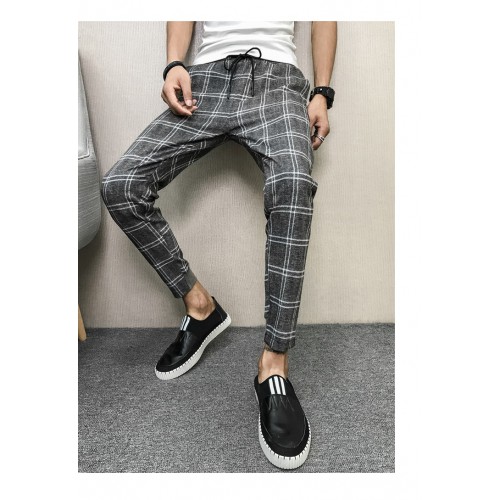 Korean Brand New Summer Plaid Men Pants Slim Fit Casual Drawstring Harem Pants All Match Streetwear Trousers Men Clothes