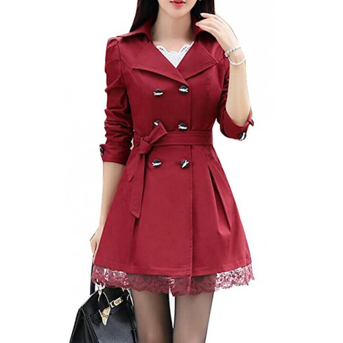 Women Mid Long Double-Breasted Lace Trim Elegant Jacket Trenchcoat