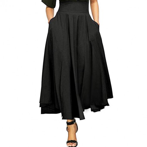 High Waist Pleated A Line Long Skirt Women Front Slit Belted Maxi Skirt